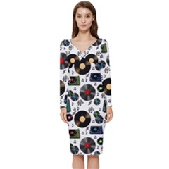 Records Vinyl Seamless Background Long Sleeve V-neck Bodycon Dress  by Bangk1t