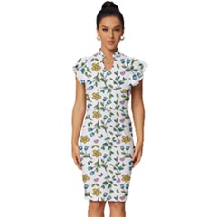 Flower Floral Pattern Vintage Frill Sleeve V-neck Bodycon Dress by Bangk1t