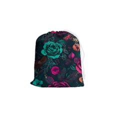 Roses Pink Teal Drawstring Pouch (small) by Bangk1t