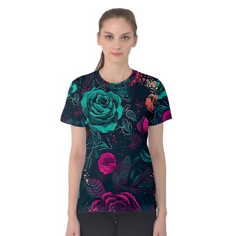 Roses Pink Teal Women s Cotton Tee by Bangk1t