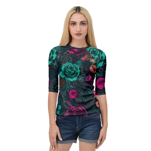 Roses Pink Teal Quarter Sleeve Raglan Tee by Bangk1t