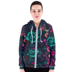 Roses Pink Teal Women s Zipper Hoodie by Bangk1t