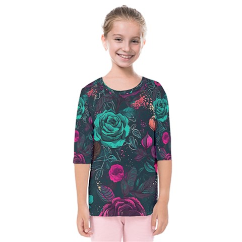 Roses Pink Teal Kids  Quarter Sleeve Raglan Tee by Bangk1t