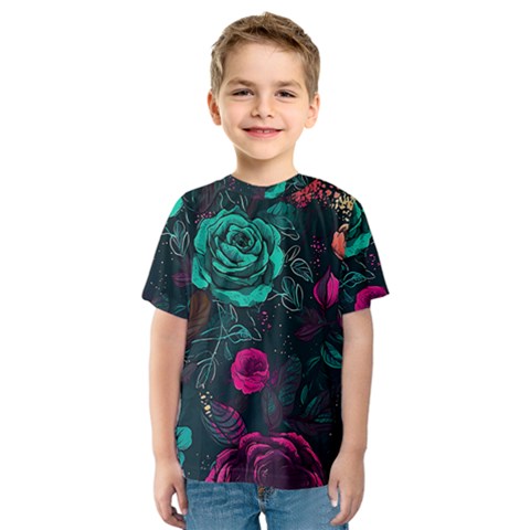 Roses Pink Teal Kids  Sport Mesh Tee by Bangk1t