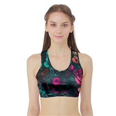 Roses Pink Teal Sports Bra With Border by Bangk1t