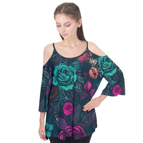 Roses Pink Teal Flutter Sleeve Tee  by Bangk1t