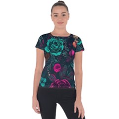 Roses Pink Teal Short Sleeve Sports Top  by Bangk1t