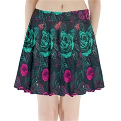 Roses Pink Teal Pleated Mini Skirt by Bangk1t