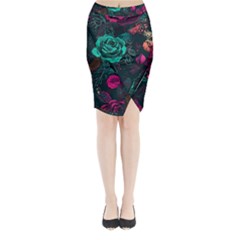 Roses Pink Teal Midi Wrap Pencil Skirt by Bangk1t