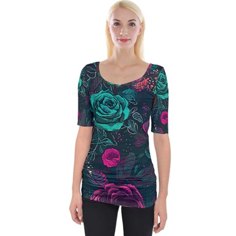 Roses Pink Teal Wide Neckline Tee by Bangk1t