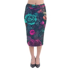 Roses Pink Teal Velvet Midi Pencil Skirt by Bangk1t