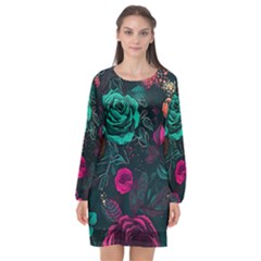 Roses Pink Teal Long Sleeve Chiffon Shift Dress  by Bangk1t