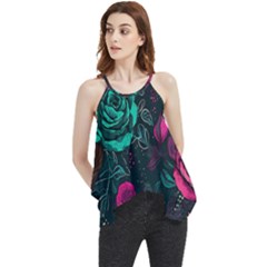 Roses Pink Teal Flowy Camisole Tank Top by Bangk1t