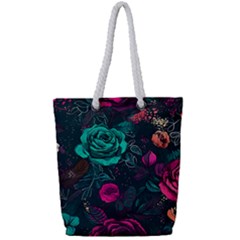 Roses Pink Teal Full Print Rope Handle Tote (small) by Bangk1t