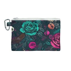 Roses Pink Teal Canvas Cosmetic Bag (medium) by Bangk1t