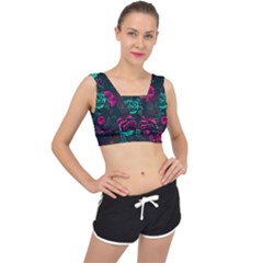 Roses Pink Teal V-back Sports Bra by Bangk1t