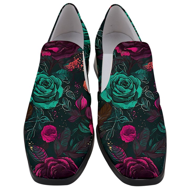 Roses Pink Teal Women Slip On Heel Loafers