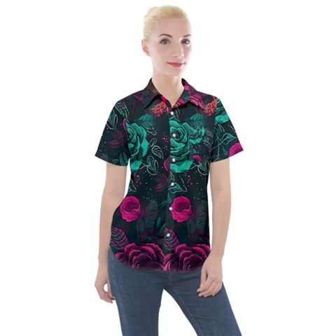 Roses Pink Teal Women s Short Sleeve Pocket Shirt by Bangk1t