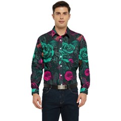 Roses Pink Teal Men s Long Sleeve Pocket Shirt  by Bangk1t