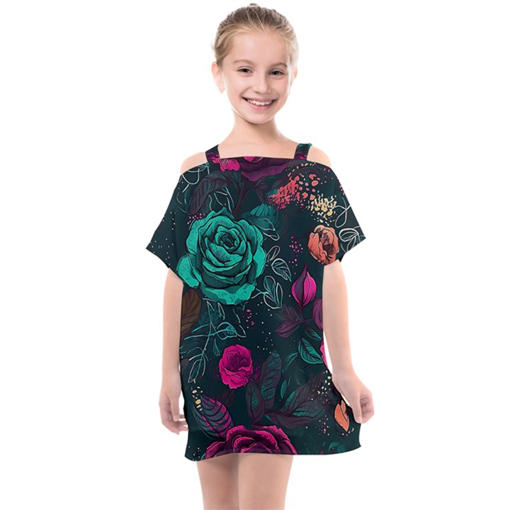 Roses Pink Teal Kids  One Piece Chiffon Dress