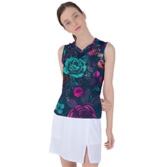 Roses Pink Teal Women s Sleeveless Sports Top by Bangk1t