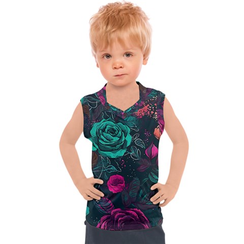 Roses Pink Teal Kids  Sport Tank Top by Bangk1t