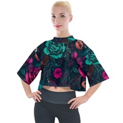 Roses Pink Teal Mock Neck Tee by Bangk1t