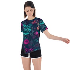 Roses Pink Teal Asymmetrical Short Sleeve Sports Tee by Bangk1t