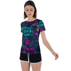 Roses Pink Teal Back Circle Cutout Sports Tee by Bangk1t