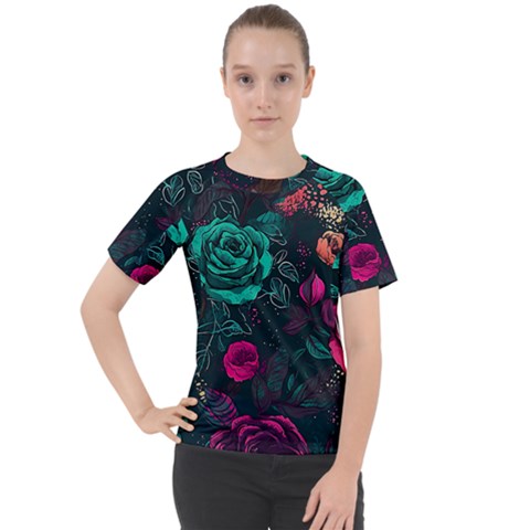 Roses Pink Teal Women s Sport Raglan Tee by Bangk1t