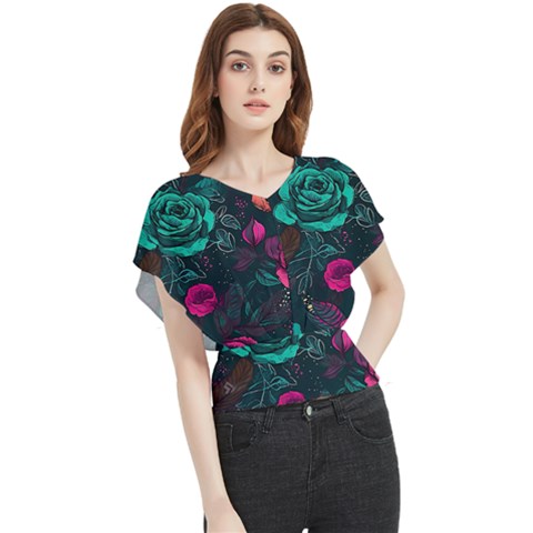 Roses Pink Teal Butterfly Chiffon Blouse by Bangk1t