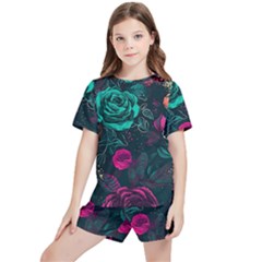 Roses Pink Teal Kids  Tee And Sports Shorts Set by Bangk1t