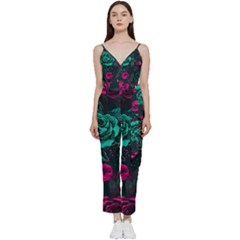 Roses Pink Teal V-neck Spaghetti Strap Tie Front Jumpsuit by Bangk1t