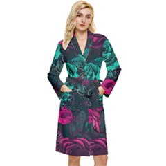 Roses Pink Teal Long Sleeve Velvet Robe by Bangk1t