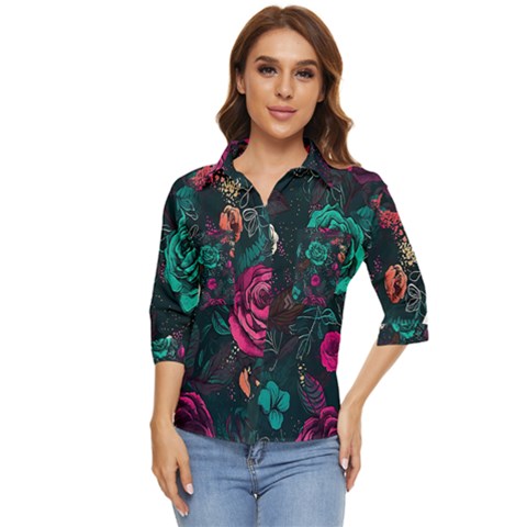 Roses Pink Teal Women s Quarter Sleeve Pocket Shirt by Bangk1t