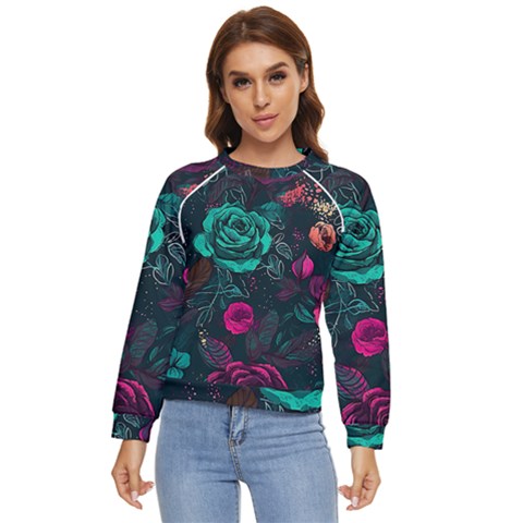 Roses Pink Teal Women s Long Sleeve Raglan Tee by Bangk1t