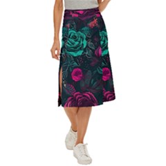 Roses Pink Teal Midi Panel Skirt by Bangk1t