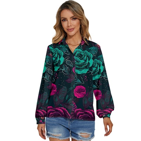 Roses Pink Teal Women s Long Sleeve Button Up Shirt by Bangk1t