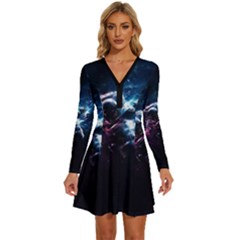 Psychedelic Astronaut Trippy Space Art Long Sleeve Deep V Mini Dress  by Bangk1t