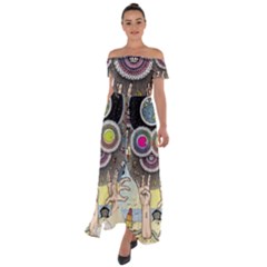 Vintage Trippy Aesthetic Psychedelic 70s Aesthetic Off Shoulder Open Front Chiffon Dress