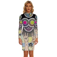 Vintage Trippy Aesthetic Psychedelic 70s Aesthetic Long Sleeve Shirt Collar Bodycon Dress