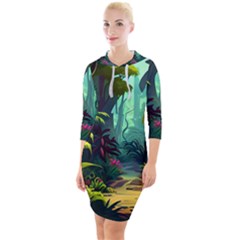 Rainforest Jungle Cartoon Animation Background Quarter Sleeve Hood Bodycon Dress by Ndabl3x