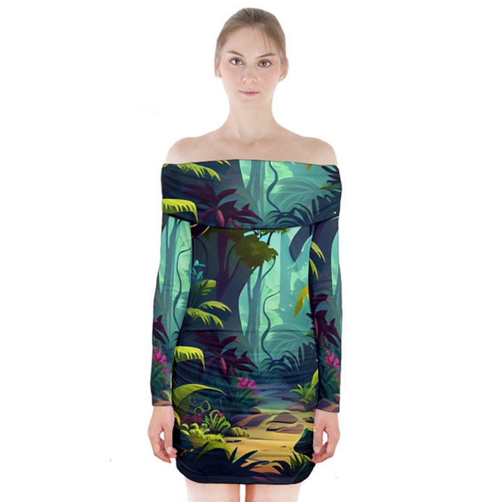 Rainforest Jungle Cartoon Animation Background Long Sleeve Off Shoulder Dress