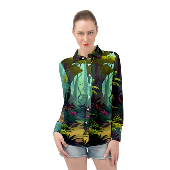 Rainforest Jungle Cartoon Animation Background Long Sleeve Chiffon Shirt