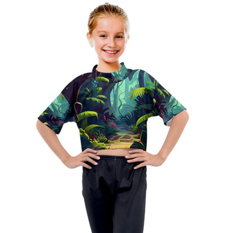 Rainforest Jungle Cartoon Animation Background Kids Mock Neck Tee by Ndabl3x