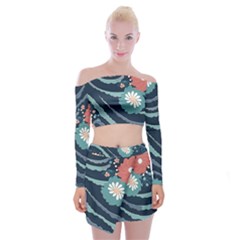 Waves Flowers Pattern Water Floral Minimalist Off Shoulder Top With Mini Skirt Set by Ndabl3x