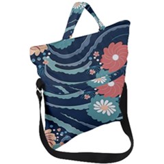 Waves Flowers Pattern Water Floral Minimalist Fold Over Handle Tote Bag by Ndabl3x