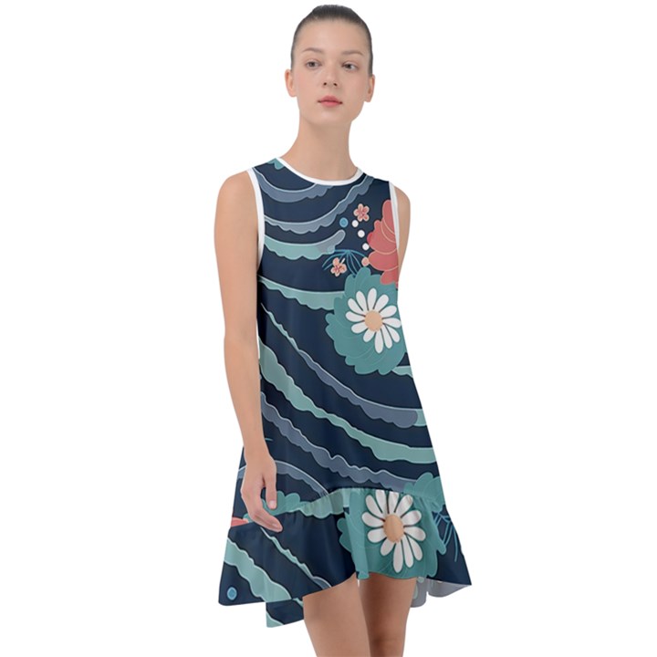 Waves Flowers Pattern Water Floral Minimalist Frill Swing Dress