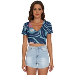 Waves Flowers Pattern Water Floral Minimalist V-neck Crop Top by Ndabl3x