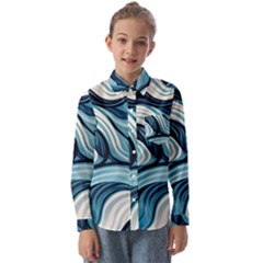 Pattern Ocean Waves Arctic Ocean Blue Nature Sea Kids  Long Sleeve Shirt by Ndabl3x